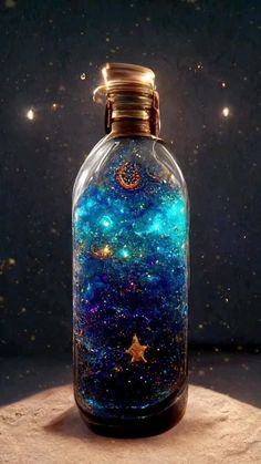 a bottle filled with liquid sitting on top of a table next to stars in the sky