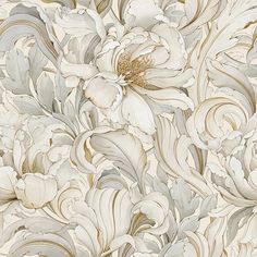 an intricately designed wallpaper with flowers and leaves in gold, white and grey