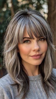 Classic Medium Length Gray Hairstyles with Soft Bangs Medium Brown Hair With Silver Highlights, Bangs For Older Women With Long Hair, Grey Hair Blending, Gray Hairstyles With Bangs, Bangs For Older Women, Long Hair Older Women, Women With Long Hair, Grey Hairstyles