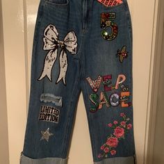 Cute, Sequin, Designed Jeans, Blue Patched Jeans For Spring, Spring Blue Jeans With Patches, Spirit Jeans, Designed Jeans, Wide Cuff Jeans, Senior Jeans, Cuff Jeans, Painted Jeans, Cuffed Jeans