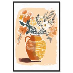 an orange vase filled with lots of flowers