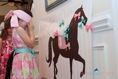 Horse birthday party game -- pin hair bows on the pony/horse. Everybody wins because they get to keep their hair bow after the game. (Yes, we have horse print ribbon hair bows and headbands at GirlsHorseClothes.com :) Horse Birthday Party Games, Girl Horse Birthday Party, Horse Themed Party, Girls Party Games, Pony Birthday Party, Horse Birthday Parties, Cowgirl Birthday Party, Birthday Party Design, Third Birthday Party