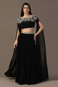 Black padded blouse with floral gota, zari, nakshi and pearls embroidery. Paired with a pleated lehenga with embroidered waistband. - Aza Fashions Pleated Lehenga, Pearls Embroidery, Boat Neck Blouse, Pearl Embroidery, Padded Blouse, Embroidered Blouse, Aza Fashion, Boat Neck, Floral Embroidery