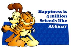 a cartoon bear hugging a stuffed animal with the caption happiness is 4 million friends like abinav