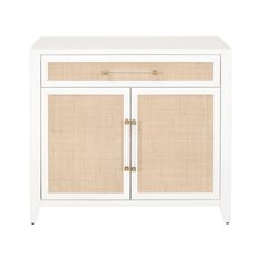 a white cabinet with two doors and one drawer