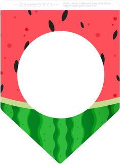 a piece of watermelon with black spots on it's side and a white circle in the middle