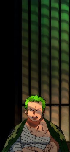 an anime character with green hair sitting on a chair in front of a jail cell