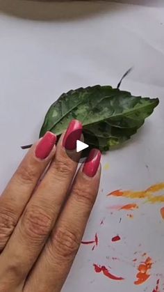 a woman's hand with red nail polish and green leaf on white table cloth