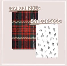 two plaid fabric samples with numbers and trees on them, one in red and the other in green