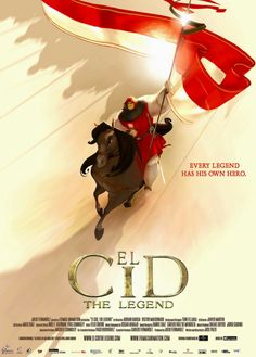 the movie poster for el cid the legend with a man riding a horse and holding a flag