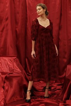 3/4 PUFF SLEEVE ELASTIC CUFF TWIST FRONT SWEETHEART NECKLINE BACK SMOCKING VELVET FLORAL PRINT LINED Velvet Long Sleeve Dress, Long Sleeve Velvet Dress, Twist Front Dress, Midi Length Skirts, Sleeve Midi Dress, Midi Dress With Sleeves, Midi Maxi Dress, Twist Front, Swimwear Tops