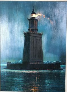 a painting of a lighthouse in the middle of the ocean with an umbrella over it