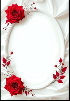 an oval frame with red roses and leaves on white satin background, for text or image