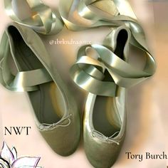 These Tori Burch Ballet Flats Are Just Simply Gorgeous. With Their Lustrous Ribbons Sprouting From The Sides Highlighting The Ballerina-Like Elegance Of A Dainty Flat Finished With A Pert Bow. A Traditional Burch Accent. Genuine Leather Textile Upper/Leather Lining And Sole/ Leather Satin Thick Ribbons Adorned In A Beautiful Sage Green. Salon Shoes Ballerina Flats Leather Ribbons Voluminous Traditional Stage Minimalist Tori Birch Shoes, Sage Green Salon, Green Ballet Shoes, Green Salon, Green Ballet Flats, Tori Burch, Wedding Shoes Flats, Ballerina Shoes Flats, Green Heels