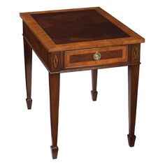 a small wooden table with two drawers on one side and an open drawer on the other