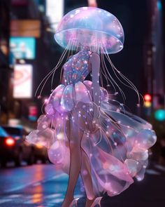 a woman is walking down the street in a dress with jellyfishs on it