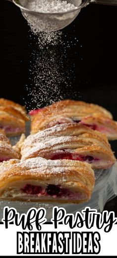 Collage of fruit pastry being dusted with powdered sugar. Puff Pastry Dinner, Puff Pastry Quiche, Puff Pastry Cinnamon Rolls, Puffy Pastry, Puff Pastry Breakfast, Classic Banana Pudding, Puff Pastry Recipes Appetizers, Breakfast Pastry Recipes