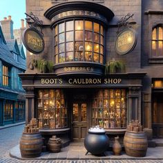 an image of a store front with barrels on the street in front and lights on