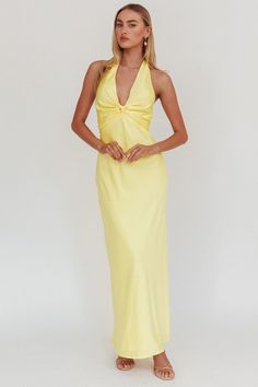 Halterneck front twist maxi dress. Features: Tie halter neckline Open back Concealed back zipper Fabric: 100% Polyester KA0122D Neck Bow Tie, Halter Neck Maxi Dress, Neck Bow, Lemon Dress, Curvy Jeans, Curvy Dress, Bright Side, Maxi Dress Blue, Wedding Guests