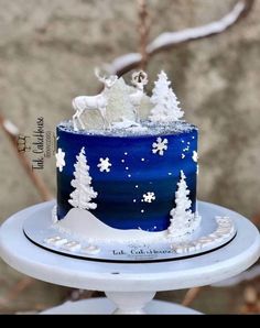 a blue and white cake decorated with snowflakes, trees and reindeer on top