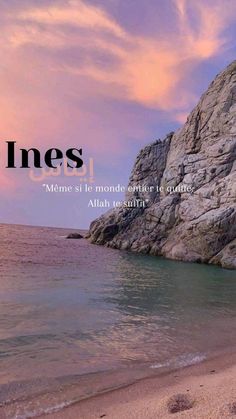 an image of a beach with the words ines on it and some rocks by the water