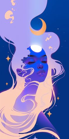 a woman's face is shown with the moon above her head and stars in the background