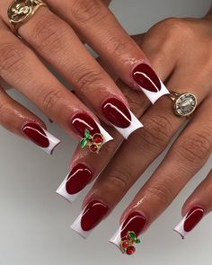 Cherry Red Nails: 25 Bold Ideas for a Chic Look Black French Tip With Red Under, Red Nails With French Tip, Red French Tip Nails Square, Almond Shape Designs, French Tips With Gems, Red Square Nails, Square French Tips, Cherry Red Nail, Birthday Heels