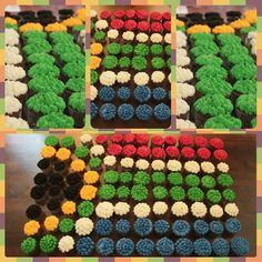 there are four pictures of cupcakes decorated in the shape of trees and flowers