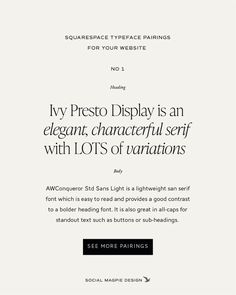 an advertisement for a website with the words, my presto display is an elegant characterful self with lots of variations