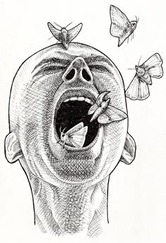 a drawing of a man's head with butterflies coming out of it and the mouth is open