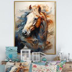 a horse painting hanging on the wall next to pillows