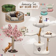 the cat tree is decorated with cats and dogs in it's own furnitures