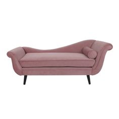 a pink couch with black legs on a white background