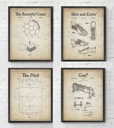 four framed art prints with soccer equipment