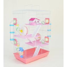 a pink and white bird cage with various items on it's sides, in front of a white background