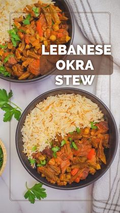 two bowls filled with rice, meat and vegetables