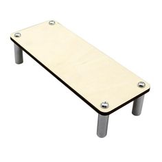 a wooden bench with metal legs and two screws on the back end, against a white background