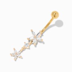 Claire's Gold-tone Stainless Steel Cubic Zirconia Flower Dangle 14G Belly Bar Gold Dangle Belly Ring, Gold Belly Button Piercing Dangle, Belly Button Piercing Jewelry Gold, Dangling Belly Button Rings, Belly Piercing Gold, 16th Wishlist, Belly Button Piercing Gold, Naval Piercings, Gold Belly Button Piercing