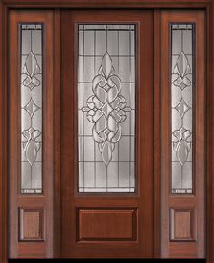 a pair of doors with glass panels on the front and side door, both in dark wood