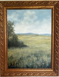 an oil painting of a field with trees in the distance