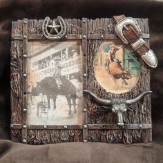 an old photo frame with two pictures on it and a cowgirl's head