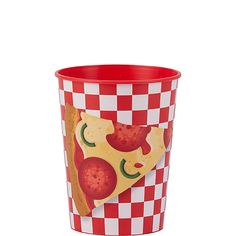 a red and white checkered cup with a slice of pizza on it