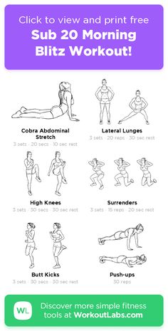 an exercise poster with the words sub 20 morning bizz workout