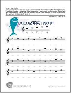 the color that note worksheet is shown with music notes and fish on it