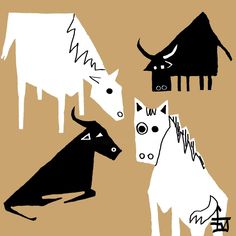 three black and white animals on a brown background, one is an animal with horns