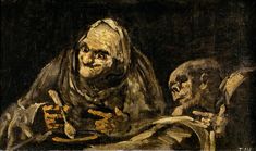 a painting of two people sitting next to each other in front of a black background