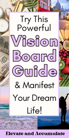 a woman standing on top of a pile of money next to the ocean with text that reads try this powerful vision board guide & manfest your dream life