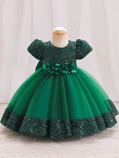 Baby Girl 3D Floral Appliques Sequin Detail Big Bow Back Mesh Gown Dress Dark Green   Short Sleeve Woven Fabric Plain,Plants Fit and Flare Slight Stretch All Baby Girls Clothing, size features are:Bust: ,Length: ,Sleeve Length: 파티 드레스, Sequin Party Dress, Princess Style, Girls Party Dress, Toddler Girl Dresses, Girls Party, Flower Girl Dress, Toddler Dress, Elegant Dress