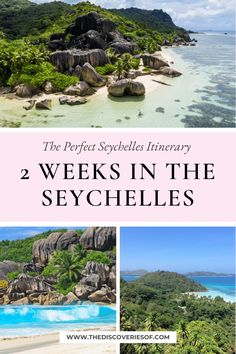 the tropical island with text overlay that reads, the perfect scapebles inventory 2 weeks in the seychelles