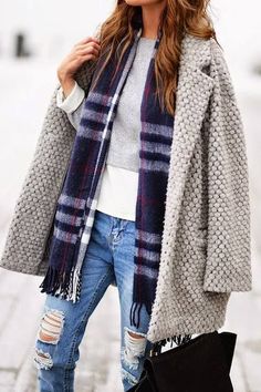 Grey Beaded Coat, Plaid Scarf. Latest Arrivals. Mode Tips, Blazer Outfit, Style Inspiration Winter, Boring Clothes, Destroyed Jeans, Hippie Style